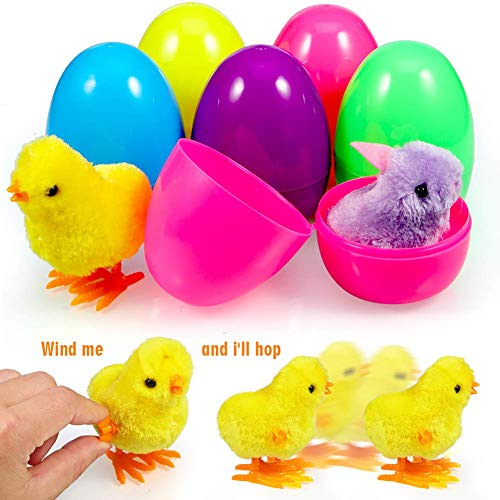 FunsLane 12Pcs Huevos de Pascua Rellenos, Juguetes de Pascua Conejos y Polluelos enrollados, Conejitos de Pollo saltarines Coloridos de 3.9" + 2 Pegatinas de Pascua para niños