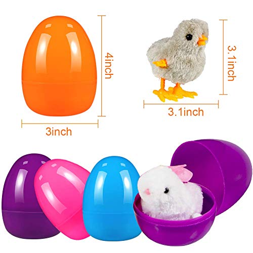 FunsLane 12Pcs Huevos de Pascua Rellenos, Juguetes de Pascua Conejos y Polluelos enrollados, Conejitos de Pollo saltarines Coloridos de 3.9" + 2 Pegatinas de Pascua para niños