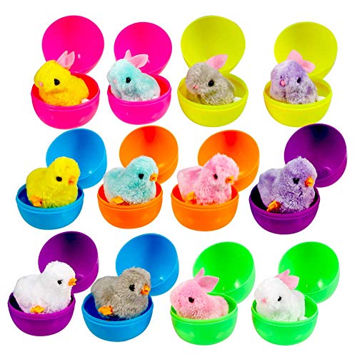 FunsLane 12Pcs Huevos de Pascua Rellenos, Juguetes de Pascua Conejos y Polluelos enrollados, Conejitos de Pollo saltarines Coloridos de 3.9" + 2 Pegatinas de Pascua para niños