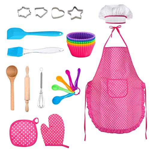 FUQUN 24 Piezas Juego de Simulación Juegos de rol de Cocina y Horneado Juego de Cocina para Niños con Delantal Gorro de Cocinero Mitón de Cocina y Cortadores de Galletas, Cocinas de Juguete para Niños