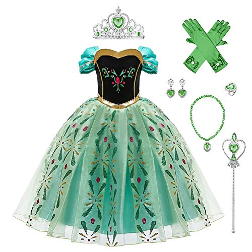 FYMNSI Disfraz Anna Niña Princesa Reinas de Nieve 2 Cosplay Carnaval Vestido con Accesorios Disfraces de Fiesta Ceremonia Navidad Fancy Dress up Costume para Chicas Verde + Accesorios 2-3 años