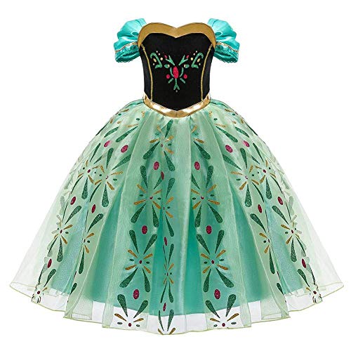 FYMNSI - Disfraz de Anna de Frozen para niña, Vestido de Princesa, Cosplay, Carnaval, para Navidad, Halloween, Fiesta, cumpleaños, Vestido Largo de Noche, 2-10 años Verde 9-10 Años