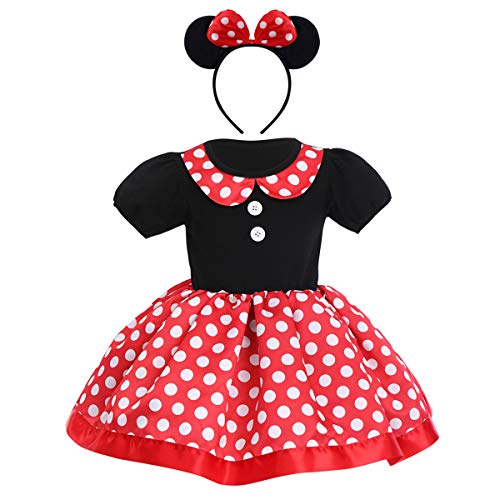 FYMNSI - Disfraz de Minnie con lunares de princesa, vestido con lazo para carnaval, cosplay, fiesta de cumpleaños, Halloween, Navidad, para 1 a 7 años Rojo + Negro 02 18-24 Meses