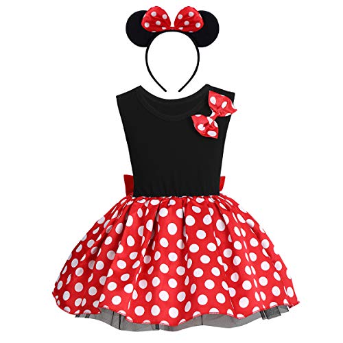 FYMNSI - Disfraz de Minnie con lunares de princesa, vestido con lazo para carnaval, cosplay, fiesta de cumpleaños, Halloween, Navidad, para 1 a 7 años Rojo + Negro 01 4-5 Años