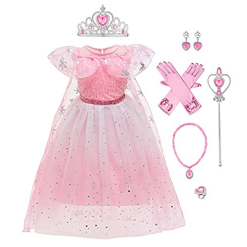 FYMNSI Disfraz de princesa Elsa de Frozen, disfraz de copo de nieve, vestido de tul con accesorios, para Navidad, Halloween, carnaval, cosplay, cumpleaños, fiesta, Rosa gradiente., 5-6 Años