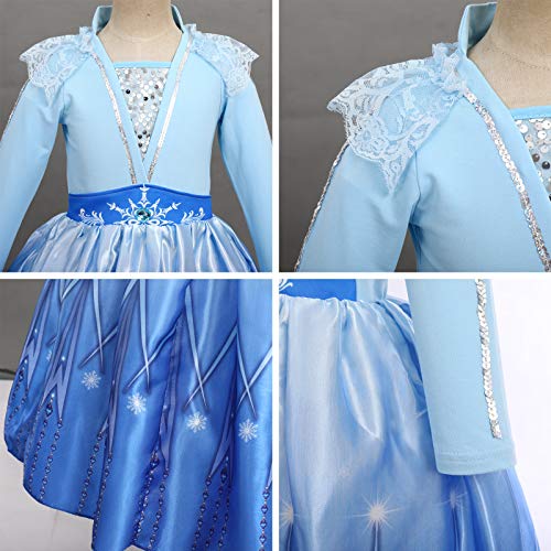 FYMNSI Disfraz de Princesa Elsa, Niñas Traje de Princesa de la Nieve Carnaval Cosplay Reino de Hielo Manga Larga Vestido Invierno para Cumpleaños Navidad Halloween Fiesta de Disfraces Azul 5-6 Años