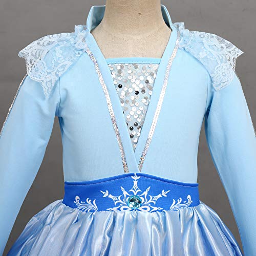 FYMNSI Disfraz de Princesa Elsa, Niñas Traje de Princesa de la Nieve Carnaval Cosplay Reino de Hielo Manga Larga Vestido Invierno para Cumpleaños Navidad Halloween Fiesta de Disfraces Azul 5-6 Años