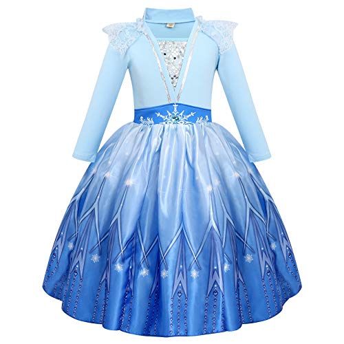 FYMNSI Disfraz de Princesa Elsa, Niñas Traje de Princesa de la Nieve Carnaval Cosplay Reino de Hielo Manga Larga Vestido Invierno para Cumpleaños Navidad Halloween Fiesta de Disfraces Azul 5-6 Años