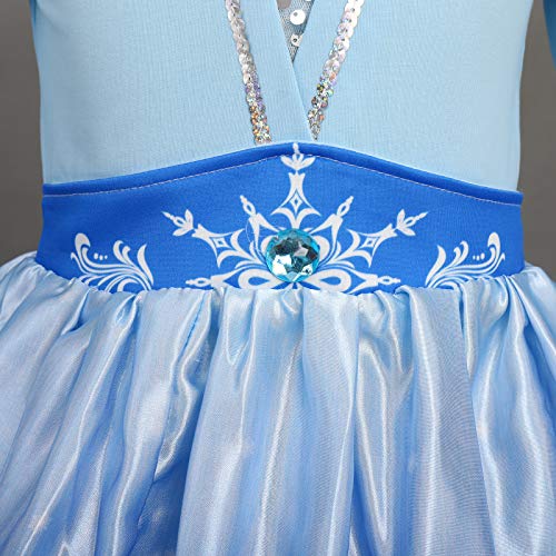 FYMNSI Disfraz de Princesa Elsa, Niñas Traje de Princesa de la Nieve Carnaval Cosplay Reino de Hielo Manga Larga Vestido Invierno para Cumpleaños Navidad Halloween Fiesta de Disfraces Azul 5-6 Años