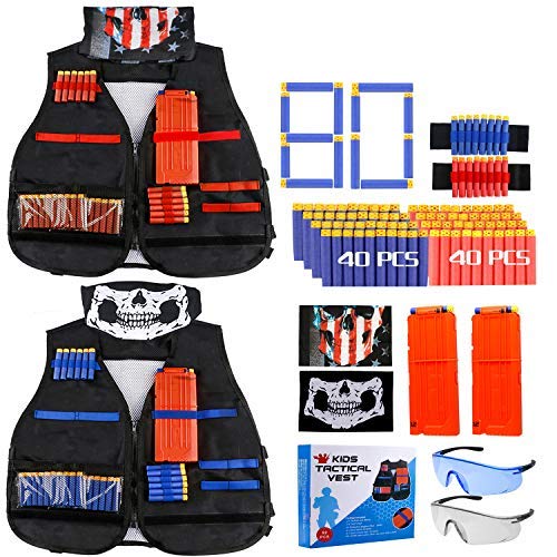 Gaflid Niños Chaleco Táctico, 2 Kit de Chaleco Táctico N-Strike Elite Series Juguetes Tácticos con 80 Espuma Dardos, 2 Quick Reload Clips, 4 Bullet Wrist Bands, 2 Scarf Mask, 2 Gafas