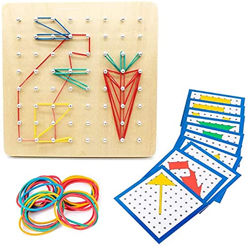 Geoboard de Madera, Montessori Juguete Creativo, Gráficos de Goma Corbata Placas de Uñas con Tarjetas de Actividad y Bandas de Goma,Educación Juguete,Inspire la Imaginación y Creatividad de Los Niños