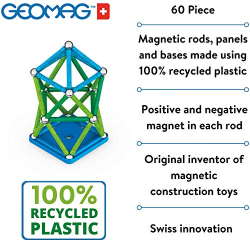 Geomag Color, Juego de Bloques de Construcción Magnéticos para Niños, Juguete Magnético, Colección Verde de Plástico 100% Reciclado, 60 piezas (272)