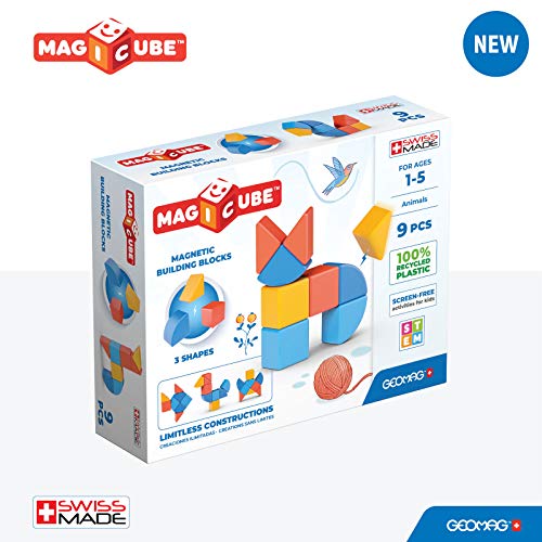 Geomag Magicube Shapes, Bloques de Construcción Magnéticos para Niños a Partir de 1 Año, Juego de 9 Cubos de 3 Colores y Formas Hechos de Plástico 100% Reciclado