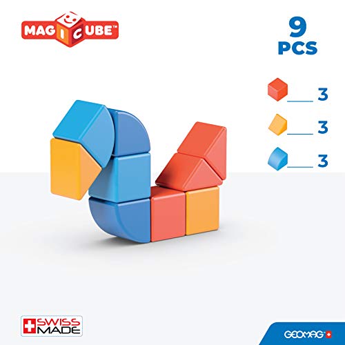 Geomag Magicube Shapes, Bloques de Construcción Magnéticos para Niños a Partir de 1 Año, Juego de 9 Cubos de 3 Colores y Formas Hechos de Plástico 100% Reciclado