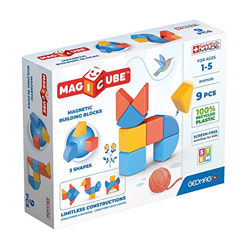 Geomag Magicube Shapes, Bloques de Construcción Magnéticos para Niños a Partir de 1 Año, Juego de 9 Cubos de 3 Colores y Formas Hechos de Plástico 100% Reciclado