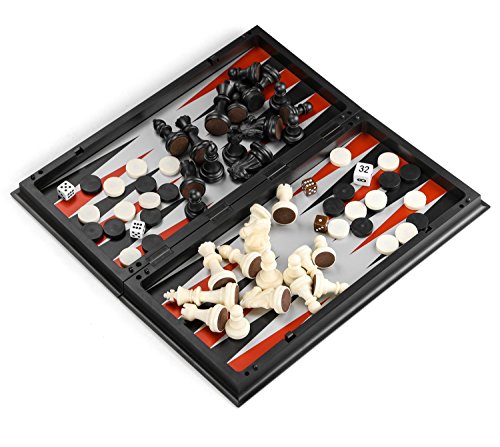 Gibot 3 en 1 Tablero de ajedrez,31.5CM x 31.5CM Tablero de Ajedrez Magnético con Ajedrez,Verificadores,Backgammon para niños y Adulto,Tablero de Juego Plegable y Portátil para Viajar,Blanco y Negro