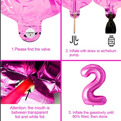 Globo Numero 2 Rosa, Decoración de Cumpleaños 2 en Rosa, Pancarta de Feliz Cumpleaños, Foil Helio Globo Númer, Globos de Fiesta, para Bodas Niña Cumpleaños Comunion Bautizo