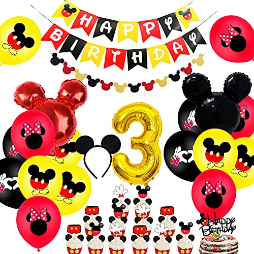 Globos de Decoracion fiesta Mickey y Minnie para fiesta de cumpleaños de 3 años, con orejas rojas y negras, para decoración de fiestas de Mickey y Minnie.