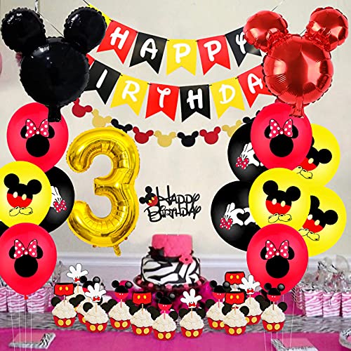 Globos de Decoracion fiesta Mickey y Minnie para fiesta de cumpleaños de 3 años, con orejas rojas y negras, para decoración de fiestas de Mickey y Minnie.