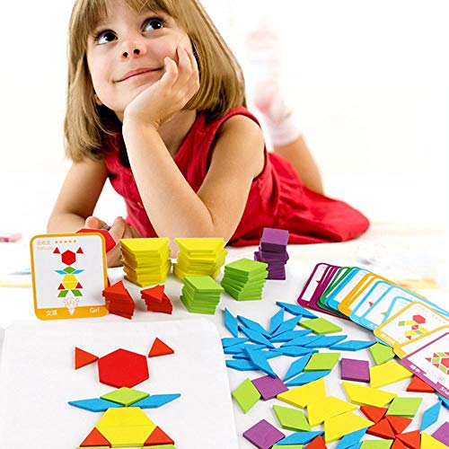 GoGlor Tangram Infantil Juguetes Montessori De Madera 155 PCS Jigsaw Puzzle, Niños Wood Rompecabezas Juego DIY Geométrico Matematicas Material Montessori con 24 Tarjetas De Diseño