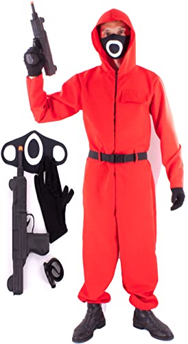 Gojoy Shop Disfraz de Calamar, Traje de Squid Game Calamar,para Adulto y Niño, Contien:(Mono Rojo con Capucha,Cinturón,Metralleta Jueguete,Guante y Mascara.6 Talla Diferente..) (Círculo, 10-12 años)