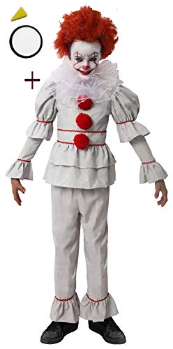 Gojoy Shop- Disfraz de Payaso Asesino para Niños Idea para Carnaval y Halloween, (Contiene Camiseta, Pantalón y Cuello Pintura Esponja Broma de Cuchillo 4 Tallas Diferente) (10-12 AÑOS)