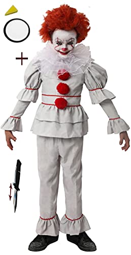 Gojoy Shop- Disfraz de Payaso Asesino para Niños Idea para Carnaval y Halloween, (Contiene Camiseta, Pantalón y Cuello Pintura Esponja Broma de Cuchillo 4 Tallas Diferente) (5-6 AÑOS)