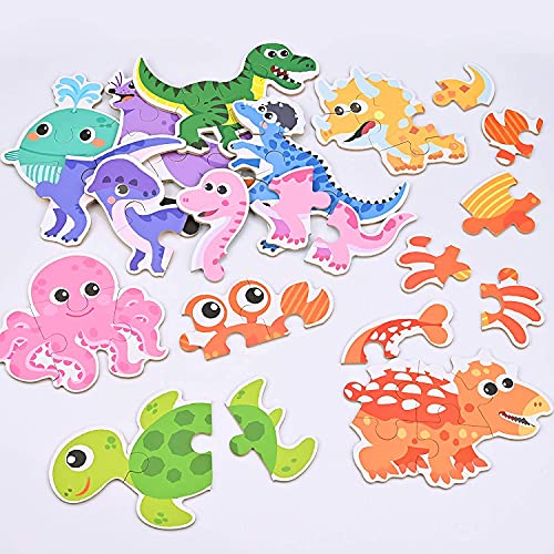 GOLDGE 12pcs Puzzles de Madera niños 2 años, Puzzles de Madera Educativos para Bebé, Puzzles 1 2 3 4 5 años, Puzzles de Animales Marinos Dinosaurios, Rompecabezas de Madera para 4 niños