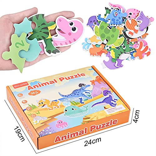 GOLDGE 12pcs Puzzles de Madera niños 2 años, Puzzles de Madera Educativos para Bebé, Puzzles 1 2 3 4 5 años, Puzzles de Animales Marinos Dinosaurios, Rompecabezas de Madera para 4 niños