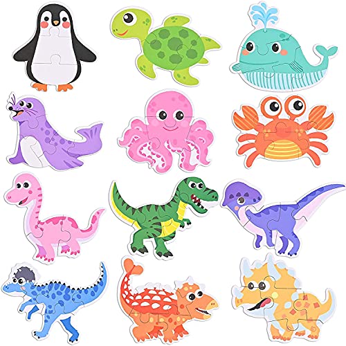 GOLDGE 12pcs Puzzles de Madera niños 2 años, Puzzles de Madera Educativos para Bebé, Puzzles 1 2 3 4 5 años, Puzzles de Animales Marinos Dinosaurios, Rompecabezas de Madera para 4 niños