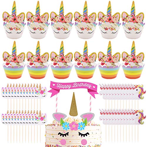 GOODGDN 62pcs Unicorn Birthday Cake Topper Set, Cupcake Topper Doble Sided, Party Supplies Cake Decorations para Niños Niñas Regalo Unicornio Decoraciones de Fiesta de Cumpleaños