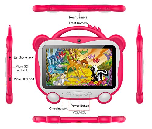 GOODTEL Tablet para Niños 7 Pulgadas Tablet Infantil Android 10.0 Quad-Core Processor, 16GB ROM, HD Pantalla1024*600 Doble Camera(0.3MP+2MP) 3G,WiFi,GPS,Certificación Google,Juegos Educativos-Rosado