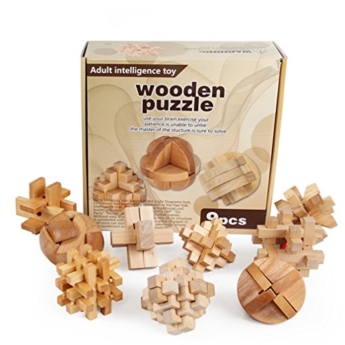 Gracelaza 9 Piezas Juguetes Rompecabezas de Madera Caja Set - IQ Juguete Educativo - 3D Brain Teaser Puzzle de Madera - Juego Niños y Adolescentes