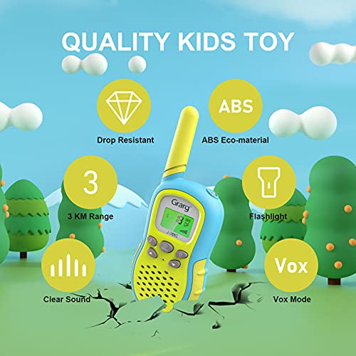 Grarg Walkie Talkie Niños,Walky Talky Niños Juguetes para 3-12 Años,3KM Largo Alcance 16 Canales Linterna LCD VOX 10 Tonos de Llamada Walkie Talkie Juguete para Actividades Externas Camping- 2PCS