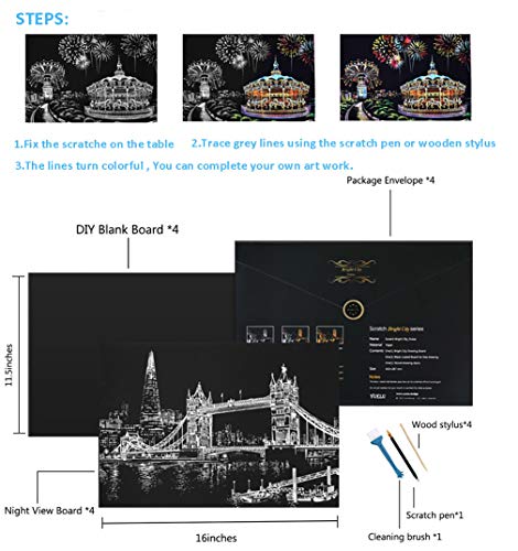 GRT Cuadernos para rascar, papel de impresión artística, arco iris, bloc de dibujo, para rascar escena nocturna, para adultos y niños, 4 paquetes con herramientas de raspado de Europa