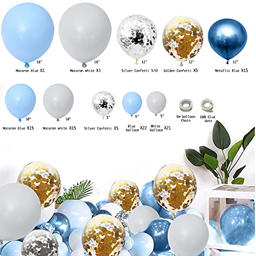 Guirnalda Decorativa para Cumpleaños, Kit de Guirnalda de Globos, 112 piezas Diseño de Macaron Metal Azul Blanco Oro Plata Confeti Globos para Niño Cumpleaño Fiesta de Decoración Arco