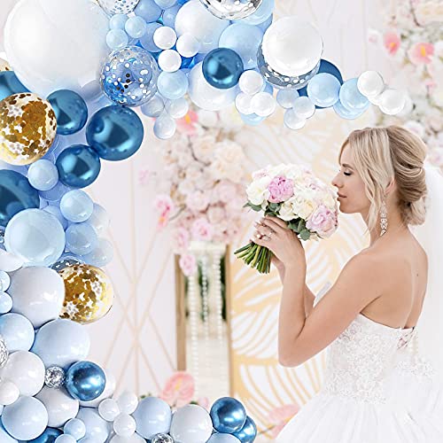 Guirnalda Decorativa para Cumpleaños, Kit de Guirnalda de Globos, 112 piezas Diseño de Macaron Metal Azul Blanco Oro Plata Confeti Globos para Niño Cumpleaño Fiesta de Decoración Arco