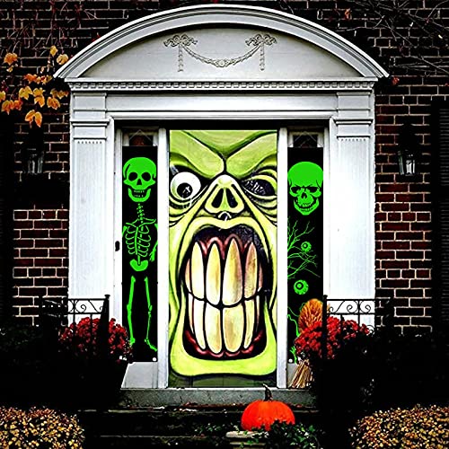 Gujugm Decoraciones para Puertas de Halloween - Cartel de Porche de Halloween Luminoso Pareado Banner Decoración Colgante de Calavera para Puerta Principal al Aire Libre (70.8''X11.8 '')