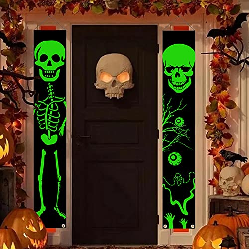 Gujugm Decoraciones para Puertas de Halloween - Cartel de Porche de Halloween Luminoso Pareado Banner Decoración Colgante de Calavera para Puerta Principal al Aire Libre (70.8''X11.8 '')