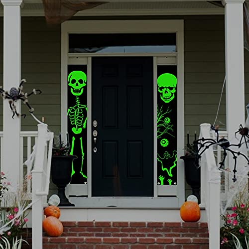 Gujugm Decoraciones para Puertas de Halloween - Cartel de Porche de Halloween Luminoso Pareado Banner Decoración Colgante de Calavera para Puerta Principal al Aire Libre (70.8''X11.8 '')