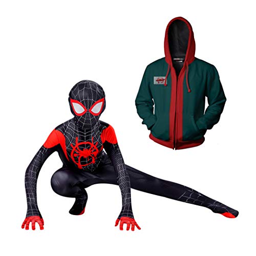 GUOHANG Miles Morales Spider Hombre con Capucha Sudadera con Capucha Disfraz para niños o Adultos Traje de Traje de Spiderman, Spiderman Traje Traje Halloween Carnaval Cosplay,Negro,125cm ~ 135cm