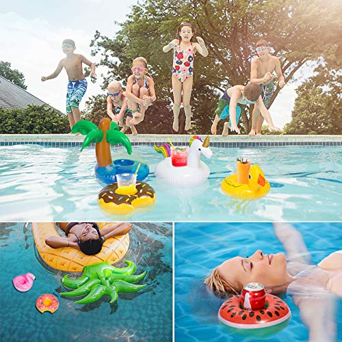 GWHOLE 18 Piezas Flotador Inflable Posavasos para Bebidas en Piscina + Inflador Portátil, Flotante Taza Soporte para Fiesta de Piscina Playa Mini Juguetes Hinchables