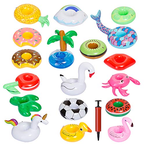 GWHOLE 18 Piezas Flotador Inflable Posavasos para Bebidas en Piscina + Inflador Portátil, Flotante Taza Soporte para Fiesta de Piscina Playa Mini Juguetes Hinchables