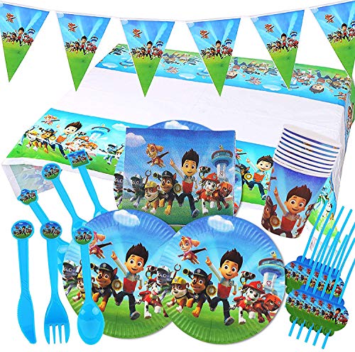 Gxhong 82 piezas Juego de fiesta de cumpleaños para niños de la dog Patrol incluye Pancartas Mantel Platos Tazas Servilletas Tenedores Cuchillos Cucharas y Pajitas