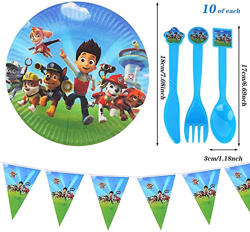 Gxhong 82 piezas Juego de fiesta de cumpleaños para niños de la dog Patrol incluye Pancartas Mantel Platos Tazas Servilletas Tenedores Cuchillos Cucharas y Pajitas