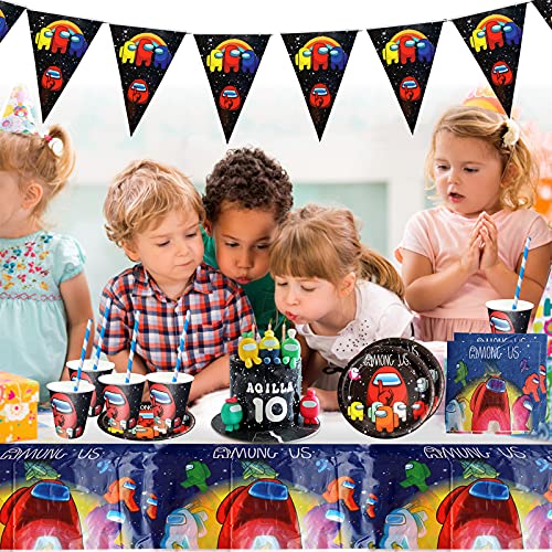 Gxhong Decoración de la Fiesta de cumpleaños Infantil de Among Us, Decoraciones de Cumpleaños,Suministros Vajilla de Fiesta Set, Pancarta Platos Tazas Servilletas Mantel Paja, 52PCS