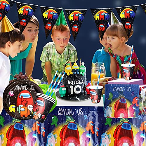 Gxhong Decoración de la Fiesta de cumpleaños Infantil de Among Us, Decoraciones de Cumpleaños,Suministros Vajilla de Fiesta Set, Pancarta Platos Tazas Servilletas Mantel Paja, 52PCS