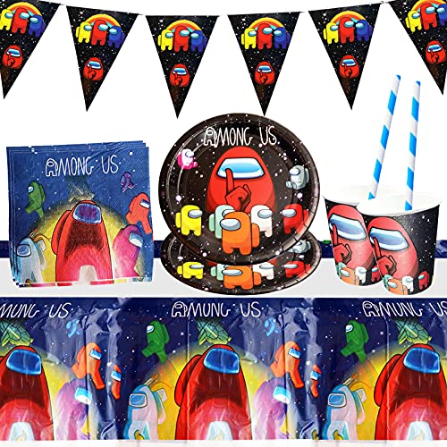 Gxhong Decoración de la Fiesta de cumpleaños Infantil de Among Us, Decoraciones de Cumpleaños,Suministros Vajilla de Fiesta Set, Pancarta Platos Tazas Servilletas Mantel Paja, 52PCS