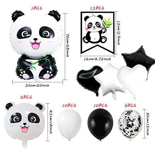 Gxhong Panda Party - Globos para decoración de cumpleaños infantil, con pancarta de feliz cumpleaños, confeti, globos de corazón, globos de papel de aluminio, para niñas y niños