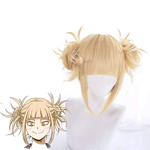 GZIRUE Peluca Rubia Corta Chica Mujer Anime Cosplay Himiko Toga Peluca con Bollos y Colmillos de Dientes de Vampiro para Disfraz de Halloween Fiesta Carnaval Lolita Wig